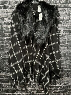 J.Crew Black Faux Fur Trim Plaid Poncho wrap